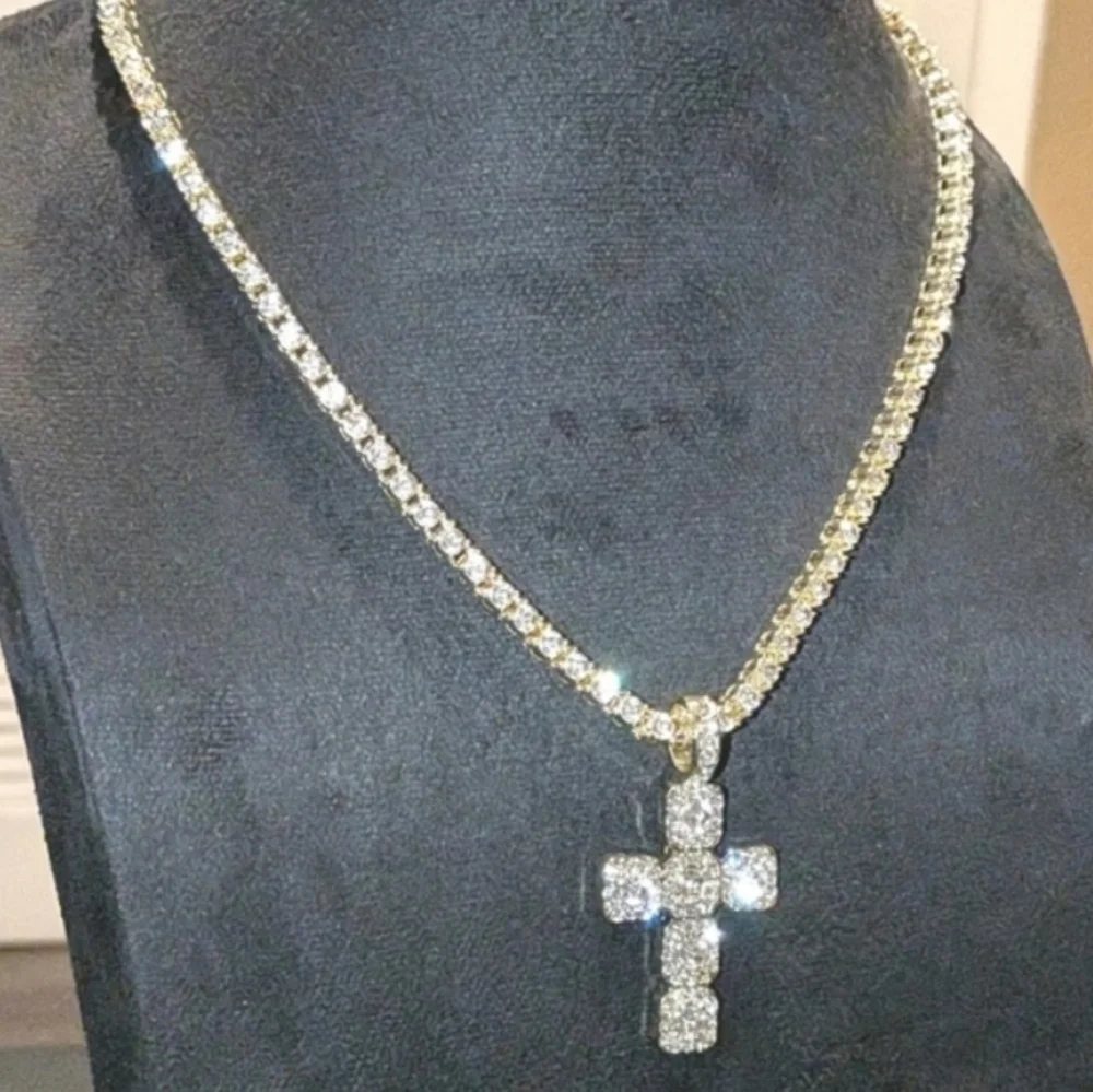 14k Yellow Gold Plated Lab Created Diamond Cross Pendant Tennis Necklace